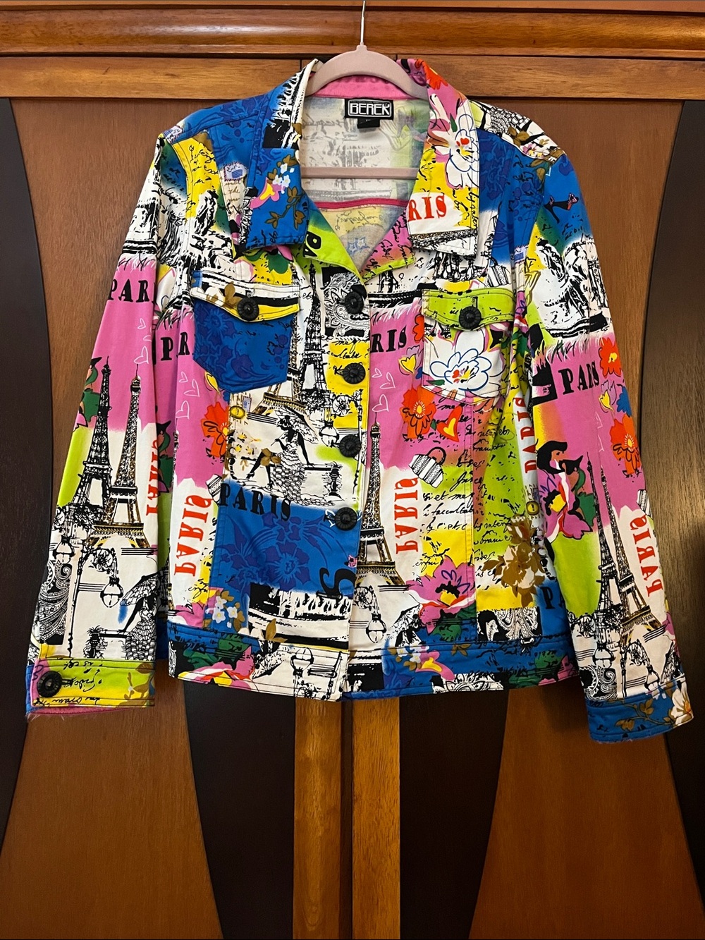 #20 - Colorblock Paris Print Button-Up Jacket w/Button & Flap Chest Pockets